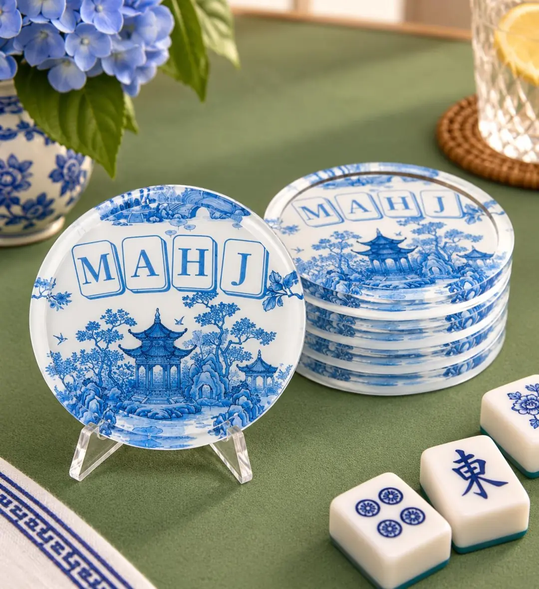 Blue & White Chinoiserie Mahjong Coasters, Set of 4