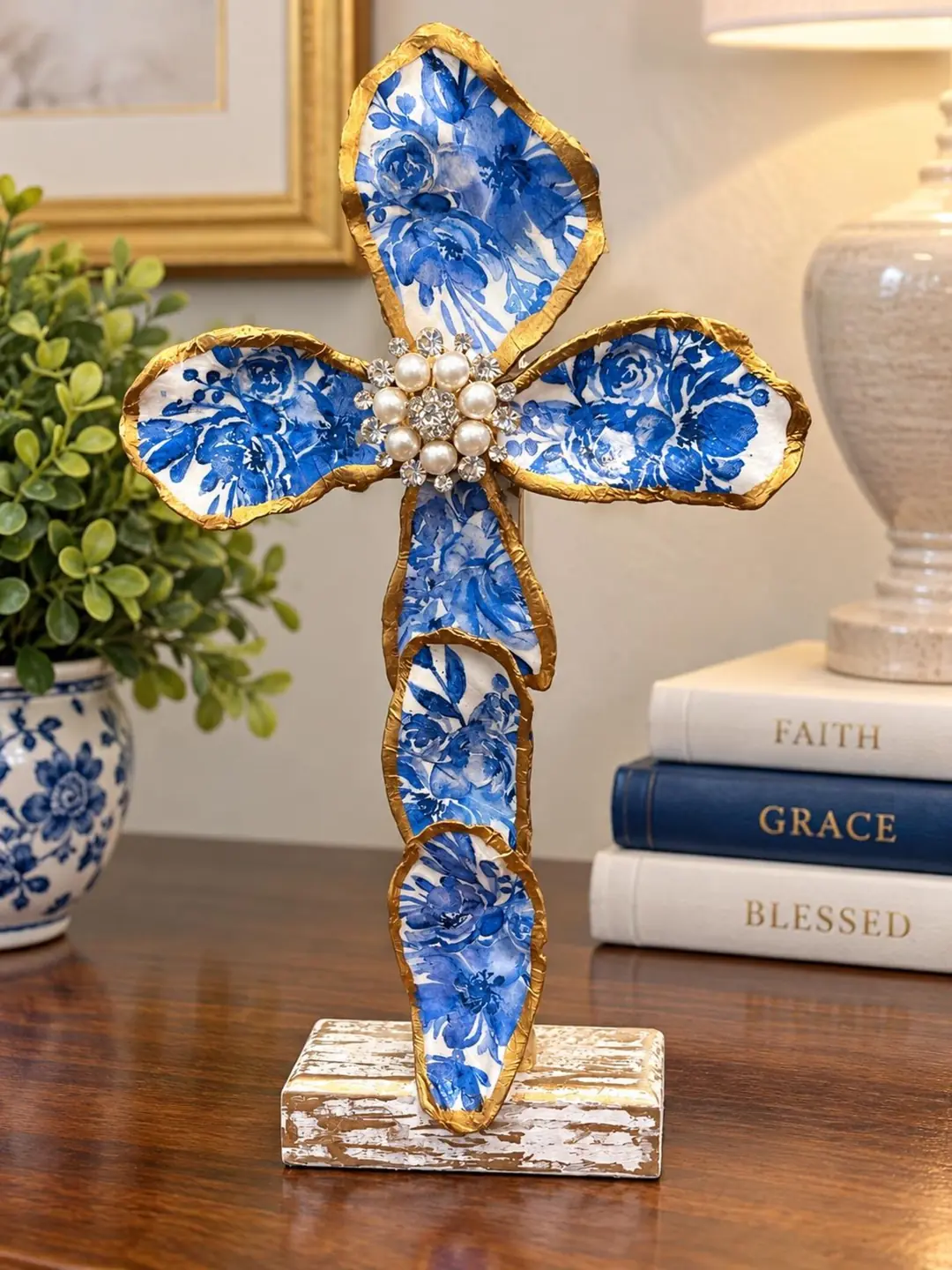 Blue & White Chinoiserie Oyster Shell Cross
