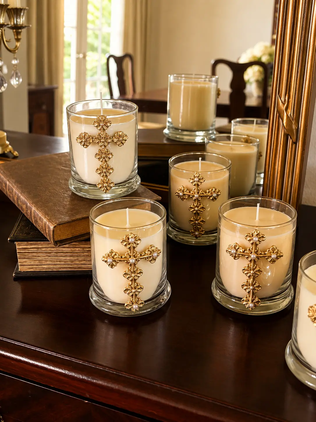 Ivory candles in clear glass vessels decorated with pearl-accented gold crosses