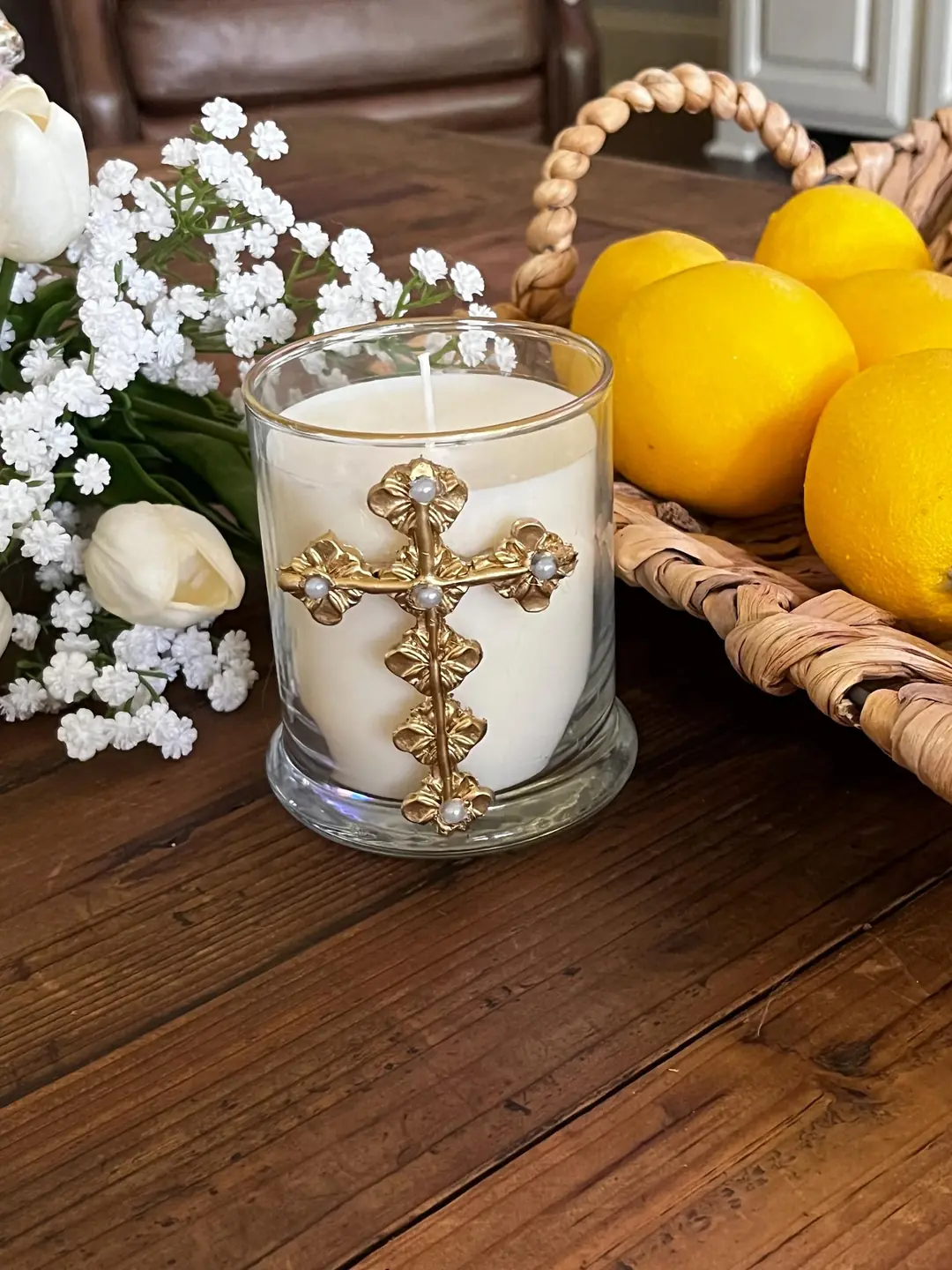 Hand-Painted Gold Cross Soy Candle, Round Glass