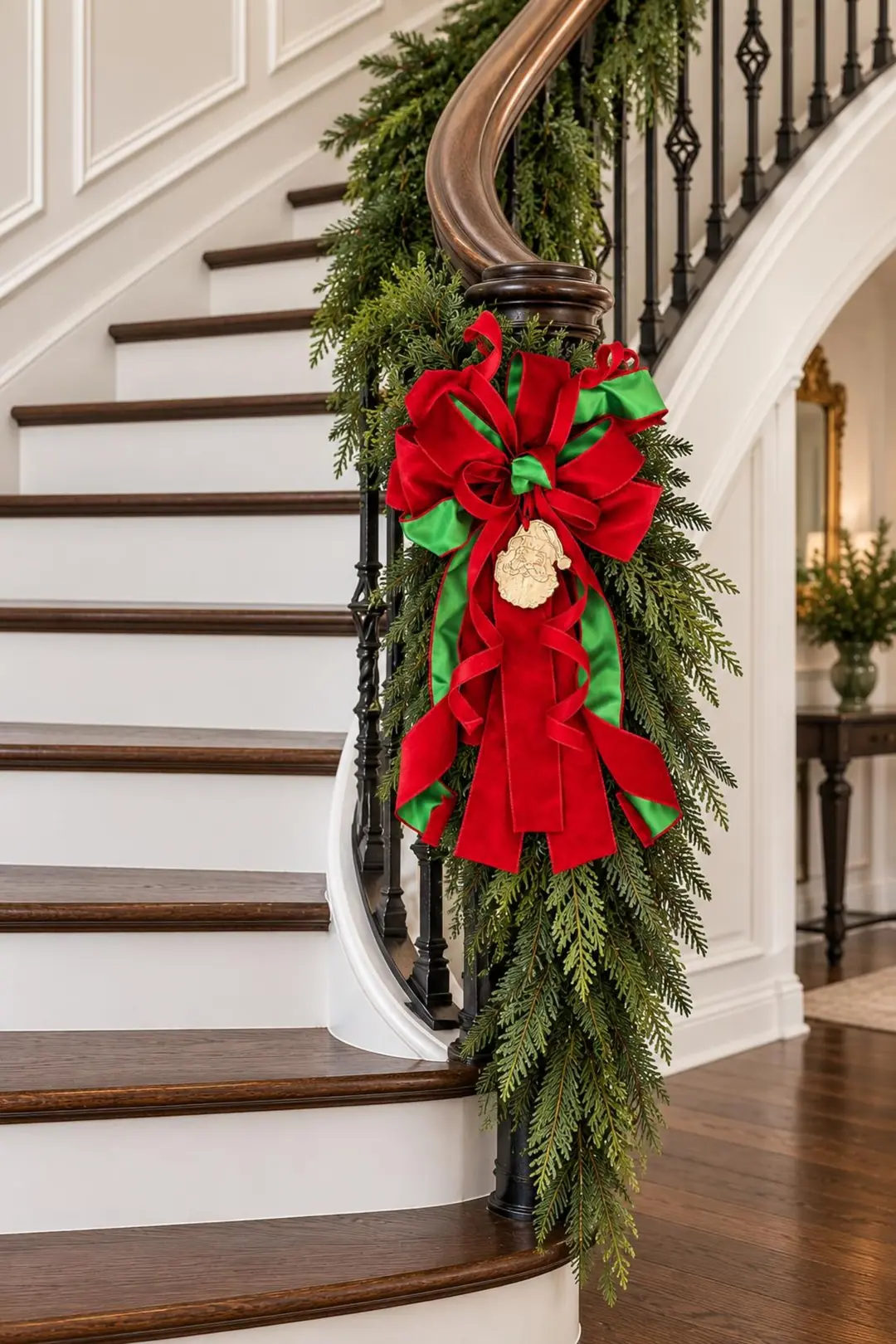 Luxury Red Velvet & Green Christmas Bow with Detachable Gold Santa