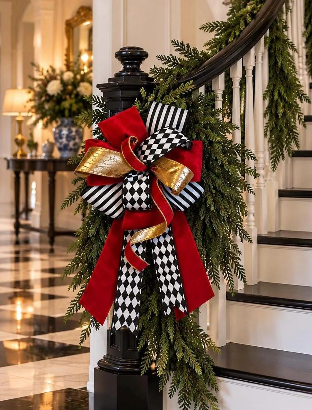 Nutcracker harlequin Christmas bow in red, gold, black and white