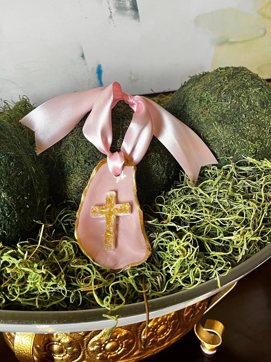 Oyster Shell Ornament with Resin Gold Cross