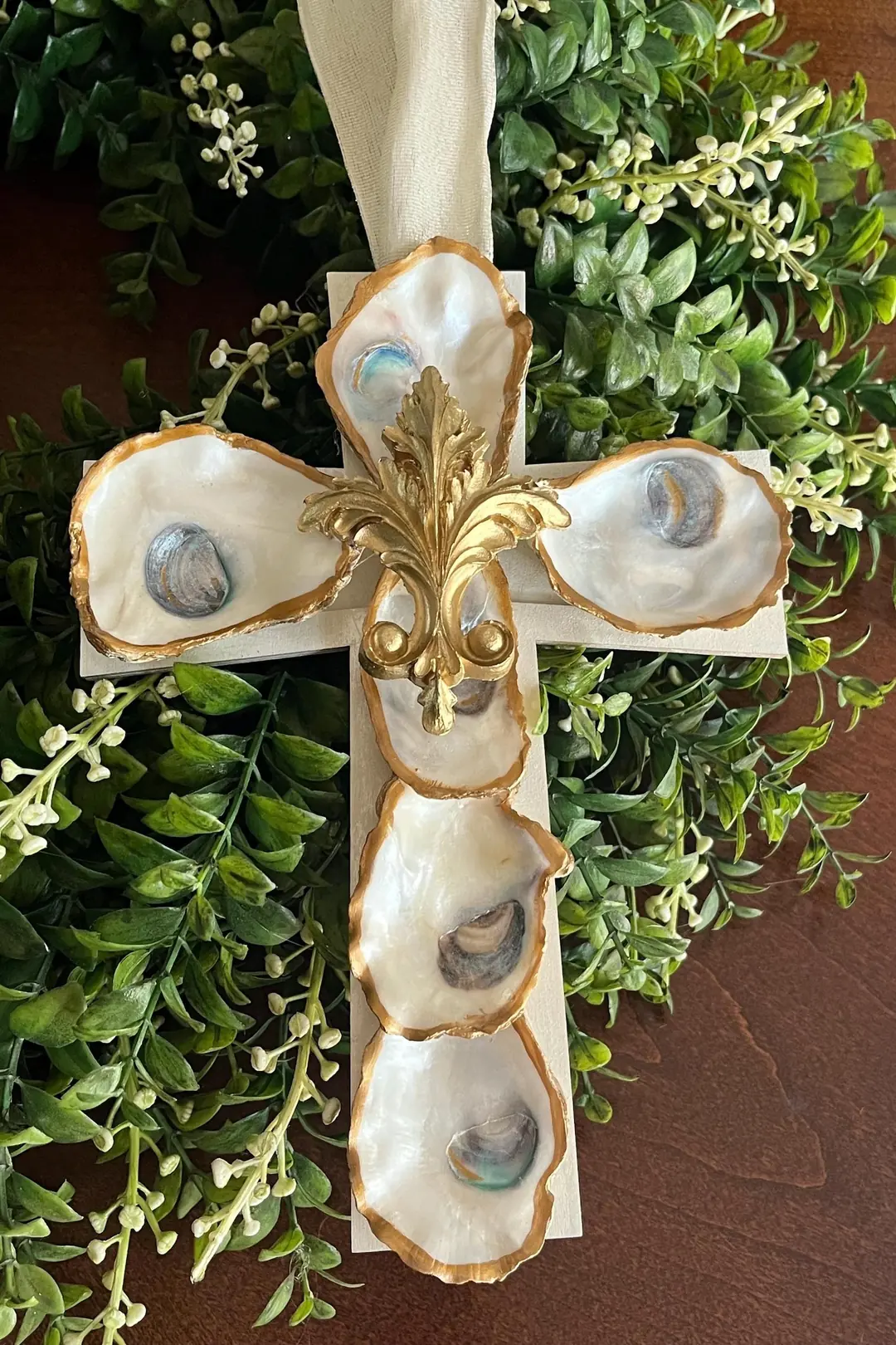 Handmade Oyster Shell Wall Cross with Gold Fleur-de-Lis