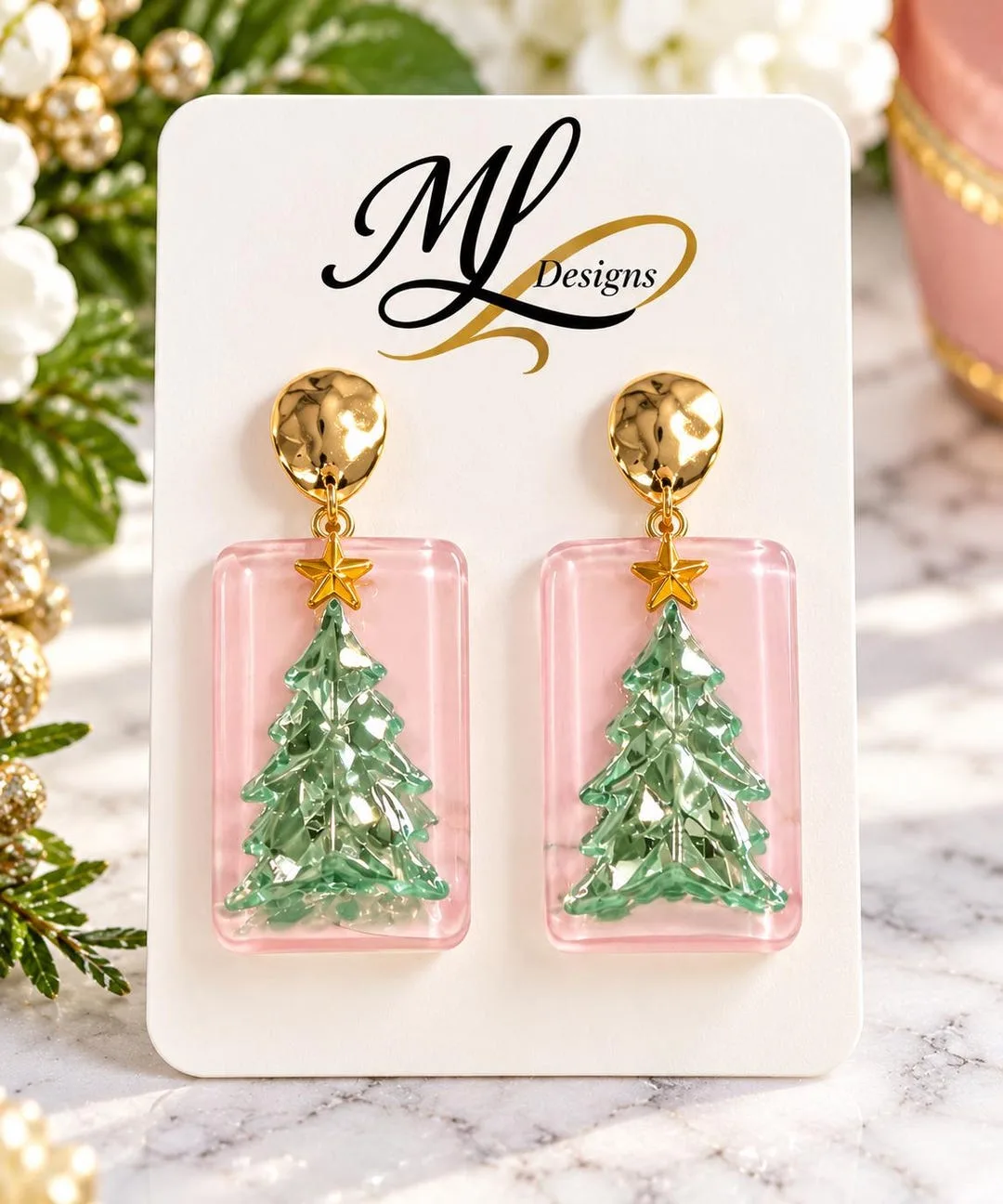 Pink Christmas Tree Dangle Earrings
