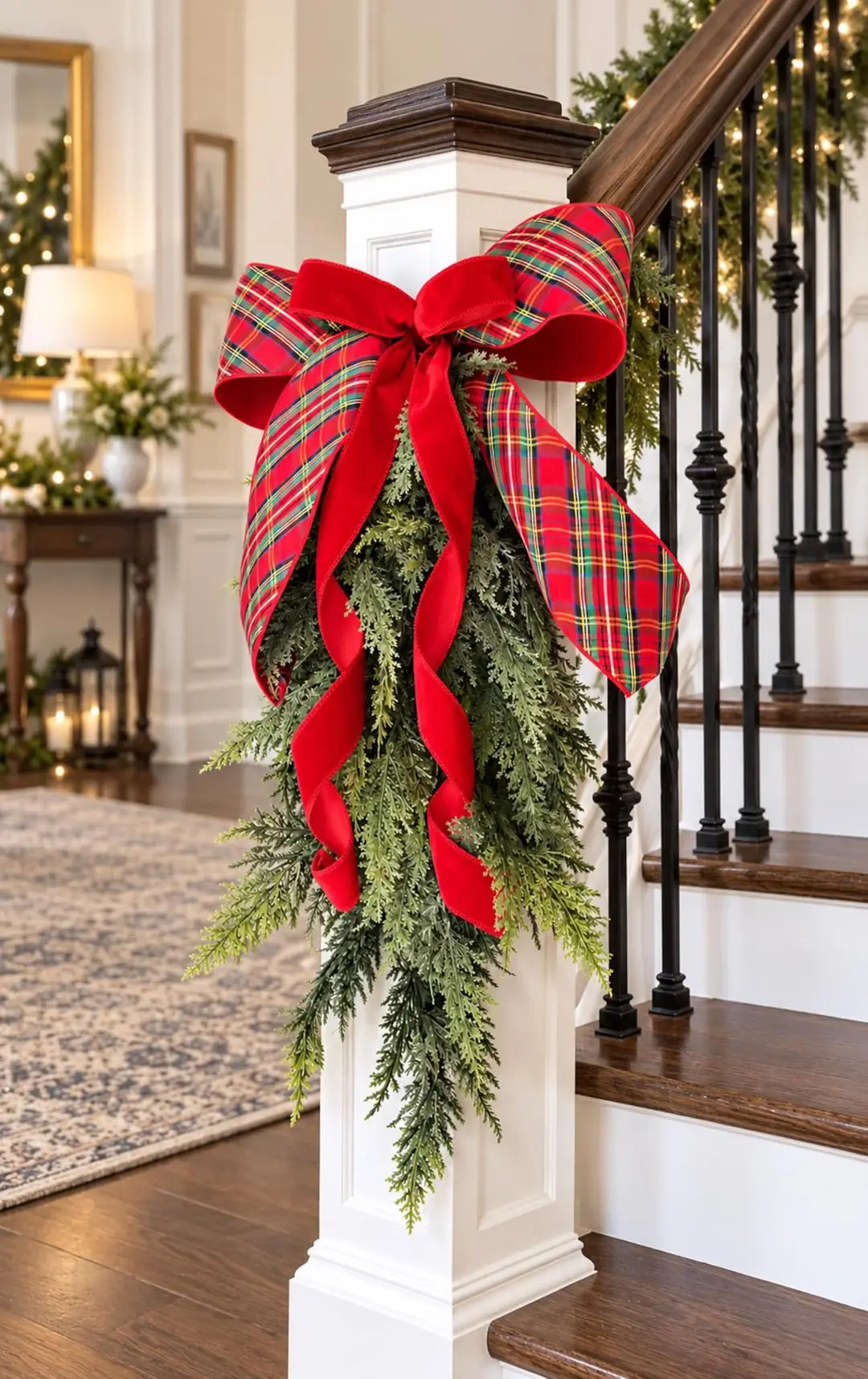 Christmas Swag with Red Velvet Tartan Plaid Bow